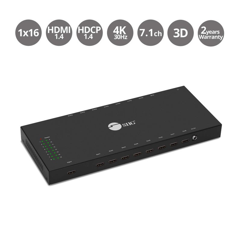 SIIG 1x16 HDMI Splitter - 4K x 2K @30Hz & 1080p, HDMI 1.4 Deep Color, 3D, Plug & Play, Auto EDID, 16 Way Port HDMI Splitter 4K (1 in 16 Out) CE-H24Q11-S1 - Image 2